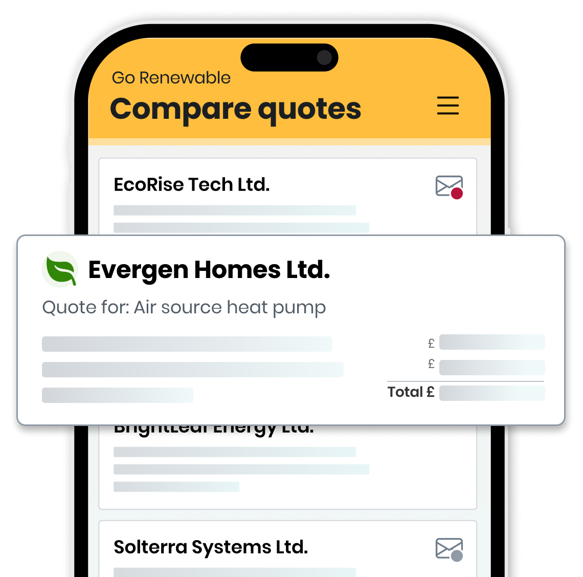 A mobile device showing an example of heat pump quotes which have been received
