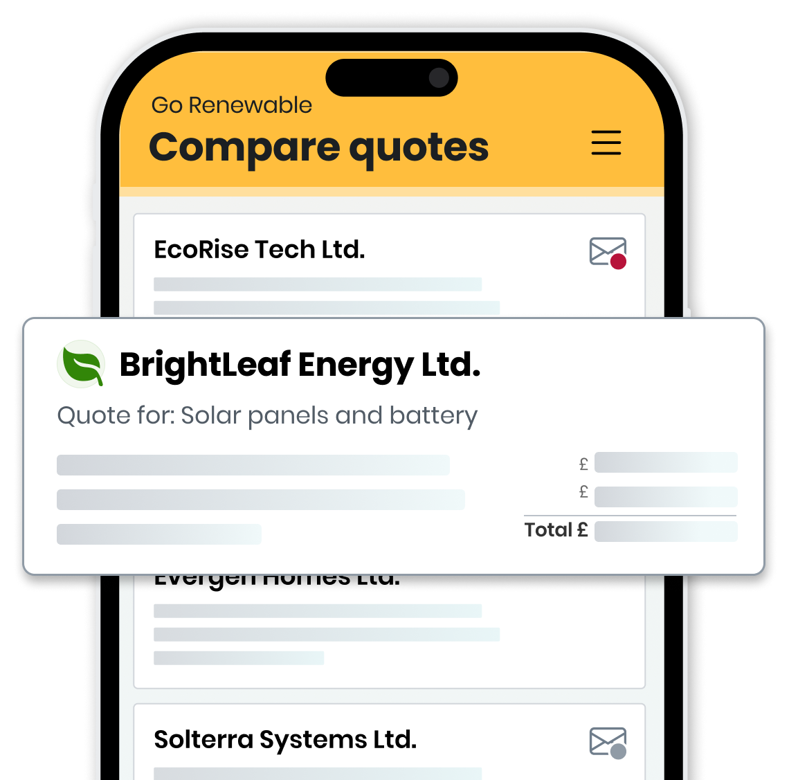 A mobile device showing an example of solar quotes which have been received