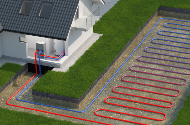 An illustration of a ground source heat pump installation