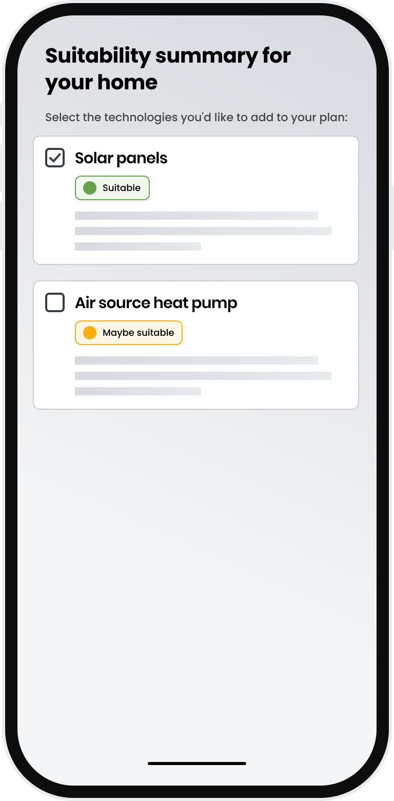 A mobile device showing the technology suitability page